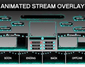 May include: Animated stream overlay template with a black background and neon blue accents. The template includes sections for "New Raid", "New Donation", "New Cheer", "New Follower", "New Host", "New Subscriber", "Just Chatting", "Intermission", "Soon", "Ending", "Back", and "Offline".