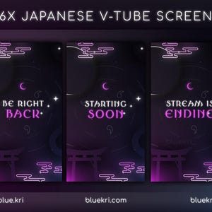 May include: Six animated screen overlays with a Japanese theme. The overlays feature a dark background with a neon pink moon, clouds, and a Japanese temple. The text on the overlays reads "Be Right Back", "Starting Soon", and "Stream is Ending".