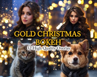 Christmas Gold Bokeh Photo Overlays, 32 PNGs (Digital Download)