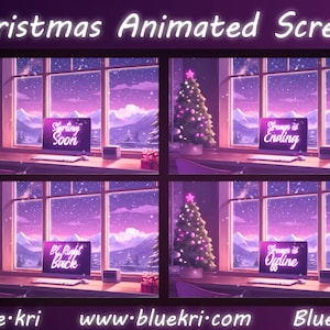 Könnte beinhalten: Animierter Weihnachts-Bildschirmaufbau mit einer verschneiten Fensterszene und einem Computermonitor, der verschiedene Nachrichten anzeigt: "Start bald", "Stream endet", "Bin gleich wieder da" und "Stream ist offline".