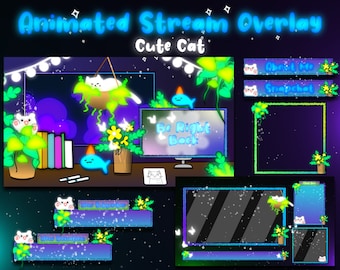 かわいい猫のアニメーション付きTwitchオーバーレイ｜VTuber、OBS、TikTok向けのかわいい配信パッケージ｜ピンクの居心地の良いゲームアラート画面パネル