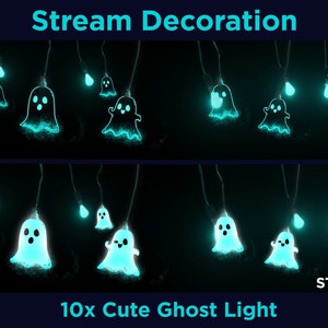 May include: Ten glowing blue ghost lights hang from a string, with the text "Stream Decoration" and "10x Cute Ghost Light" at the top and bottom of the image, respectively. The text "STYLE 03" is in the bottom right corner.