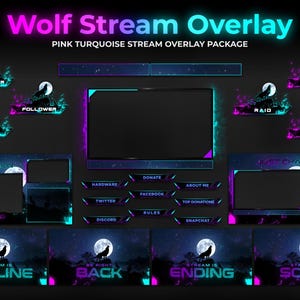 オーバーレイストリーム オオカミをテーマにしたオーバーレイパッケージ | Twitchオーバーレイパッケージ | ストリームオーバーレイパッケージ | オオカミオーバーレイパッケージ、ピンク＆ターコイズ