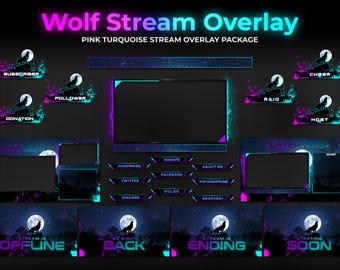 Wolf-Themed Stream Overlay Package | Twitch Overlay Package | Stream Overlay Package | wolf Overlay Package, Pink & Turquoise Stream Overlay