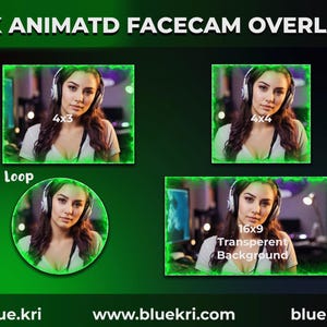 Peut inclure: Superposition de cadre vert animé pour une webcam avec différents rapports d'aspect : 4x3, 4x4 et 16x9. La superposition a une boucle de 10 secondes et un arrière-plan transparent. Le texte "4X ANIMATD FACECAM OVERLAY" est en haut de l'image. Le texte "blue.kri" et "www.bluekri.com" sont en bas de l'image.