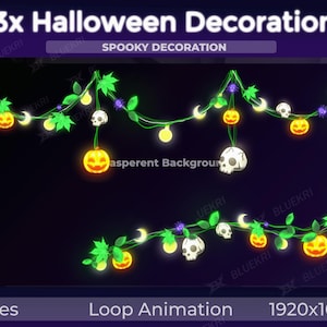 3x Halloween Spooky Decoration Lights | Animated Pumpkin & Skull Garland, Bat, Autumn, Ghost, Spooky, moon, Pumpkin | VTuber Streaming Asset
