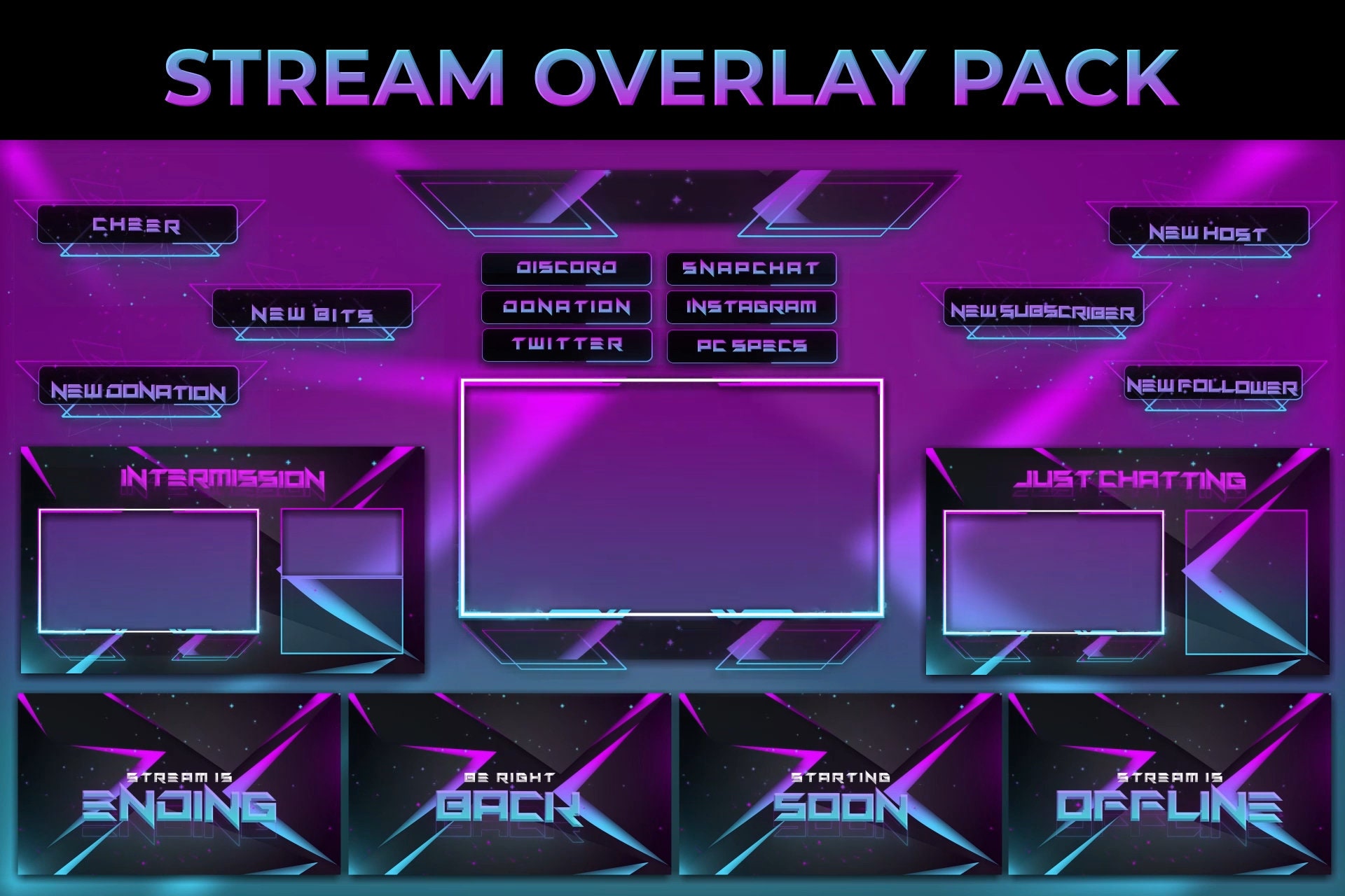 Purple Animated Stream Overlay Pack | Twitch Overlay Package | Animated Stream Overlay Package | Twitch Panels | Animated Overlay