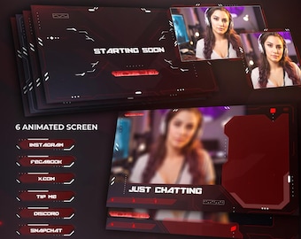 Sci-Fi Cyberpunk Animated Stream Overlay Package | VTuber Twitch Overlay Bundle | Neon Red OBS Alerts Screens Panels | Futuristic Streamer