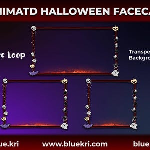 May include: Animated Halloween facecam overlay with a red frame and spooky Halloween decorations like skulls, pumpkins, and ghosts. The text "10 Sec Loop" and "Transparent Background" is visible. The text "blue.kri" and "www.bluekri.com" is also visible.