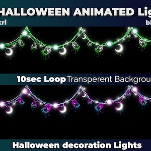 Könnte beinhalten: Animierte Halloween-Lichter mit Geistern und Mondsicheln. Die Lichter sind aneinandergereiht und leuchten in Grün, Lila und Weiß. Der Hintergrund ist transparent. 10 Sekunden Schleife.  @blue.kri bluekri