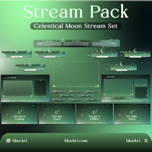 Celestial Clouds Stream Package, Green Animated Stream Overlay Pack, Cute Twitch Overlay, VTuber Assets, Dreamy Sky Theme