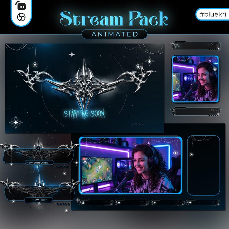 Animated Gothic Cyberpunk Stream Pack – Blue Tribal Elements Overlay - Etsy
