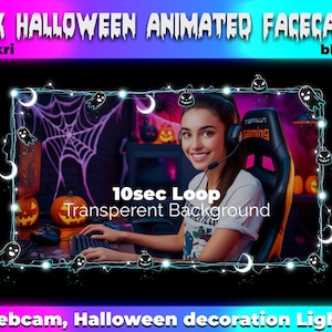以下が含まれることがあります： 女性がコンピューターの前にあるゲーミングチェアに座って、キーボードを使っています。画面は暗いが、部屋はカラフルな照明で照らされています。画像は、幽霊、カボチャ、月などのアニメーション化されたハロウィーンの装飾が光る枠で囲まれています。画像の中央には「10sec Loop Transperent Background」というテキストが表示されています。