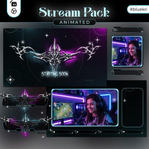 May include: Animated stream pack with a dark, futuristic design. Features a starting soon screen with a silver and purple emblem, and overlay elements for new subscribers and hosts. Includes a streamer with headphones.