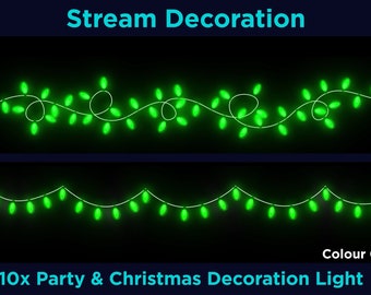 Könnte beinhalten: Grüne Weihnachtslichter in zwei verschiedenen Mustern, eines mit wellenförmigem Design und das andere gerade. Der Text "Colour 05" und "10x Party & Christmas Decoration Light" befindet sich am unteren Rand des Bildes.