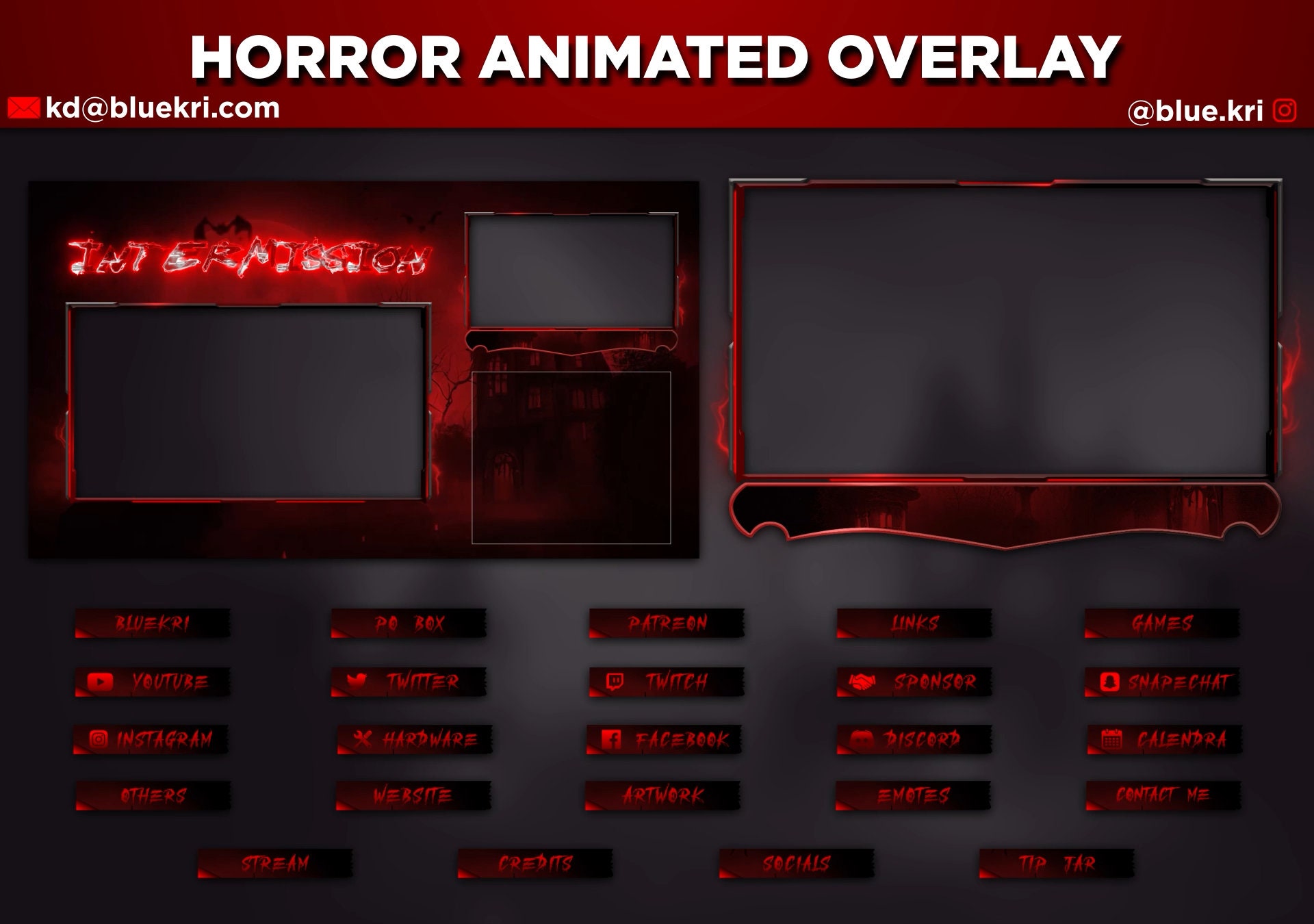Animated Horror Stream Overlay Package, Red Twitch Alerts, Screens - Etsy