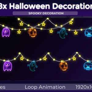 Könnte beinhalten: 8 animierte Halloween-Dekorationen mit einer Lichterkette mit Geistern und Schädeln. Die Dekorationen sind in einer Schleifenanimation.  Gruselige Dekoration.