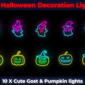 10x Neon Halloween Decoration Lights – Cute Ghosts & Pumpkins | Halloween stream overlay, | Halloween stream Lights, Vtubers, assets