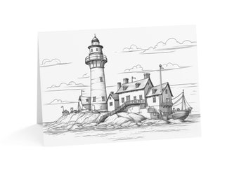 Color Me Greeting Card Pack (Lighthouse) | Any Occasion, Thank You, Happy Birthday | Coloring Book Style 10 Piece Set (bulk)