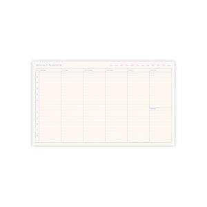 May include: A rectangular weekly planner sheet with a pale pink background and light blue grid lines. The top left corner displays the text WEEKLY PLANNER. Columns are labeled Monday through Sunday, with hourly time slots from 9 to 5.