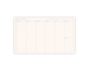 Könnte beinhalten: Ein rechteckiger Wochenplaner-Bogen mit hellrosa Hintergrund und hellblauen Rasterlinien. In der oberen linken Ecke steht der Text WEEKLY PLANNER. Die Spalten sind von Montag bis Sonntag beschriftet, mit stündlichen Zeitfenstern von 9 bis 5.