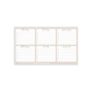 以下が含まれることがあります： ライトベージュの背景を持つ長方形の週間プランナーパッド。Monday、Tuesday、Wednesday、Thursday、Friday、Weekendとラベル付けされた6つの白いセクションがあります。各セクションには、チェックボックス付きの5本の水平線と月リストが含まれています。