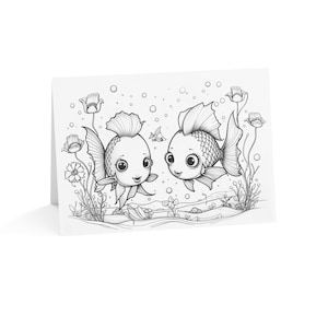 Pack de cartes de vœux Color Me (Fish Friends) | Anniversaire, merci, invitation à une fête, amoureux de la nature | Ensemble de 10 pièces de style livre de coloriage (en vrac)