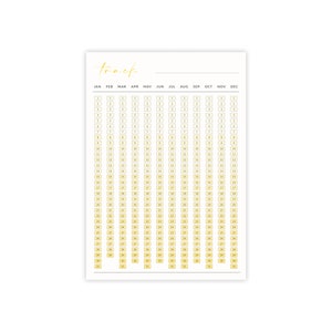 May include: A printable calendar tracker with a yellow gradient. The calendar is divided into 12 months, with each month having 31 days. The days are numbered 1 through 31.
