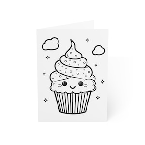 Pacote de cartões comemorativos Color Me (Cupcake Kawaii) | Feliz aniversário, celebração, convite | Conjunto de 10 peças estilo livro para colorir (a granel)