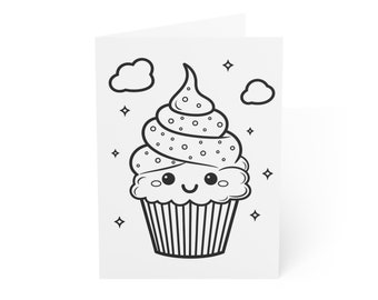 Color Me Greeting Card Pack (Kawaii Cupcake) | Happy Birthday, Celebration, Invitation | Coloring Book Style 10 Piece Set (bulk)