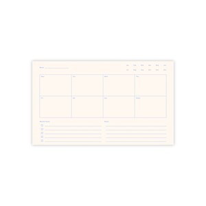 May include: A weekly planner with a grid for each day of the week, a section for weekly goals, and a notes section. The planner has a light beige background with blue lines.