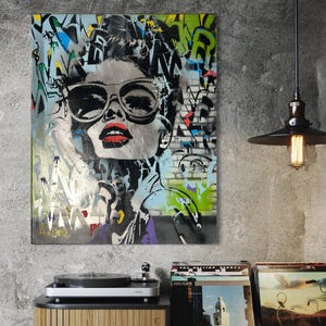 Vintage Lady Spray Painted Canvas Art Pop Art Handmade Graffiti Wall Art Urban Abstract Decor Modern Street 56x46cm - LeighArtHouse