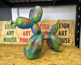 Escultura de resina azul con forma de perro globo, 36 cm, pintada a mano, pieza decorativa personalizada, estatua con efecto salpicado, arte abstracto moderno.
