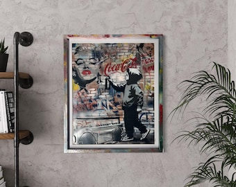 Lienzo enmarcado de arte pop con grafiti, decoración de pared con arte callejero sonriente (60 cm x 52 cm)