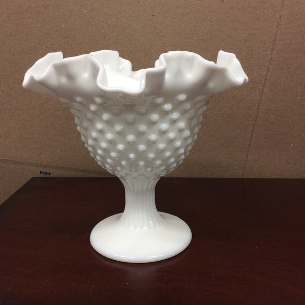 Vintage FENTON Hobnail Milk Glass Ruffled Edge Pedestal Candy Dish