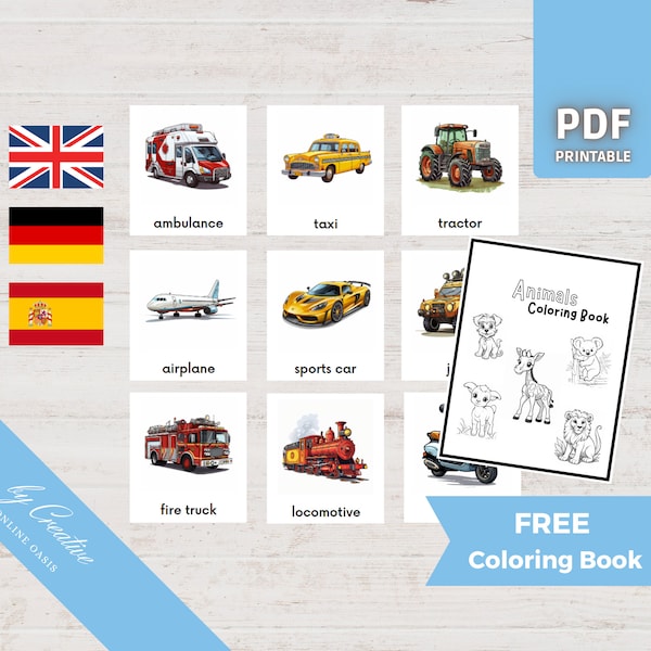 VEHICLES • 30 Montessori Flash Cards • Cartoon Comic Style German English Spanish PDF Nomenclature Educational Fahrzeug Deutsch Espanol Car