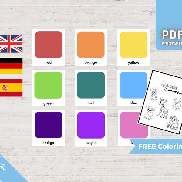 KLEUREN • 12 Montessorikaarten • Duits Engels Spaans Flash Cards Nomenclatuur Afdrukbare kleuterschool Taal leren Farben Deutsch Espanol