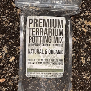 May include: A clear plastic bag filled with a dark brown potting mix for terrariums. The bag has a white label with the text "PREMIUM TERRARIUM POTTING MIX FOR OPEN OR CLOSED TERRARIUMS NATURAL & ORGANIC SOIL FREE, PEAT FREE & PERLITE FREE PET AND HUMAN FRIENDLY INGREDIENTS ROOTING FOR YOU PLANT NURSERY - EUGENE, OREGON WWW.ROOTINGFORYOUPLANTNURSERY.COM".