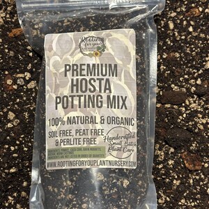 May include: A clear plastic bag filled with a dark brown potting mix for hosta plants. The bag has a white label with the text "Rooting for you Plant Nursery", "Premium Hosta Potting Mix", "100% Natural & Organic", "Soil Free, Peat Free & Perlite Free", "Handcrafted Small Batch Plant Care", and "www.rootingforyouplantnursery.com".