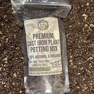 May include: A clear plastic bag filled with dark potting mix. The bag has a white label with the text "PREMIUM CAST IRON PLANT POTTING MIX" and "100% NATURAL & ORGANIC". The label also includes the text "SOIL FREE, PEAT FREE & PERLITE FREE".