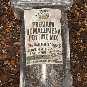 May include: A clear plastic bag filled with a dark brown potting mix for homalomena plants. The bag has a white label with the text "Rooting for you Plant Nursery" and "Premium Homalomena Potting Mix". The label also states that the mix is 100% natural and organic, soil free, peat free, and perlite free. The label also states that the mix is handcrafted in small batches with plant care.
