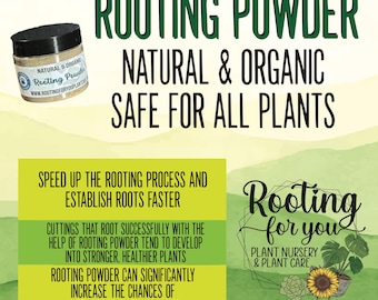 May include: A green and white label with the text "Rooting Powder" in large green letters. The label also says "Natural & Organic" and "Safe for all plants". Below the label is a description of the product and its benefits. The text includes the website "www.rootingforyourplantnursery.com".