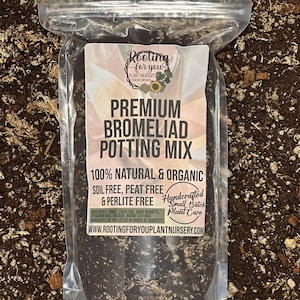 May include: A clear plastic bag filled with a dark brown potting mix for bromeliads. The bag has a white label with the text "Rooting for you Plant Nursery Eugene Oregon" and "Premium Bromeliad Potting Mix". The label also states that the mix is 100% natural and organic, soil free, peat free, and perlite free. It is handcrafted in small batches and includes plant care instructions. The website address "www.rootingforyouplantnursery.com" is printed at the bottom of the label.
