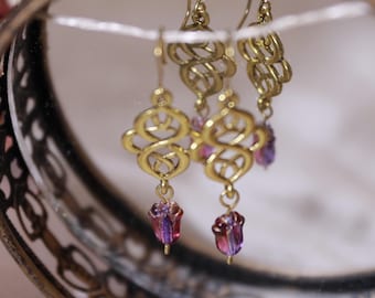 Art Nouveau | Gold Swirl Charm with Glass Earrings