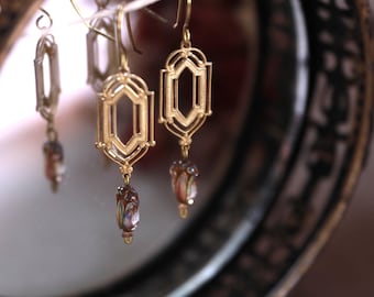 Art Deco | Tall Window Gold Charm with Glass Earrings