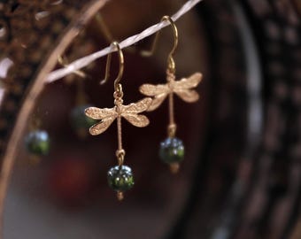 Art Nouveau | Gold Dragonfly Charm with Glass Earrings
