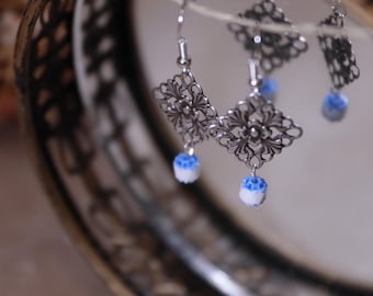 Art Nouveau | Intricate Silver Charm with Glass Earrings