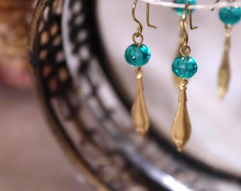 Art Deco | Long Drop Gold Charm with Glass Earrings