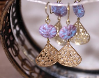 Art Nouveau | Fan Drop Gold Charm with Glass Earrings