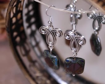 Art Nouveau | Silver Spiral Charm with Glass Earrings